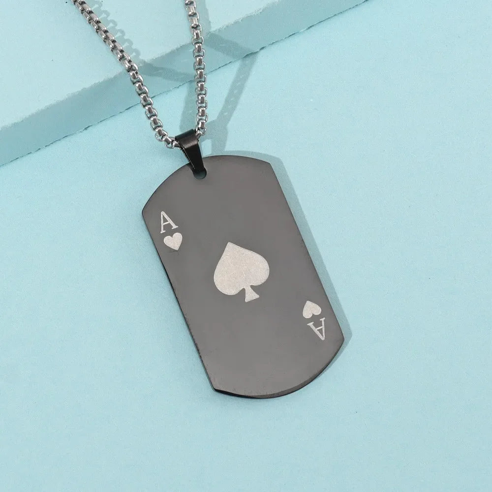 Trend Rectangle Stainless Steel Spades A Pendant Charm Men's Necklace Fashion Christmas Valentine's Day Gift Protector Jewelry