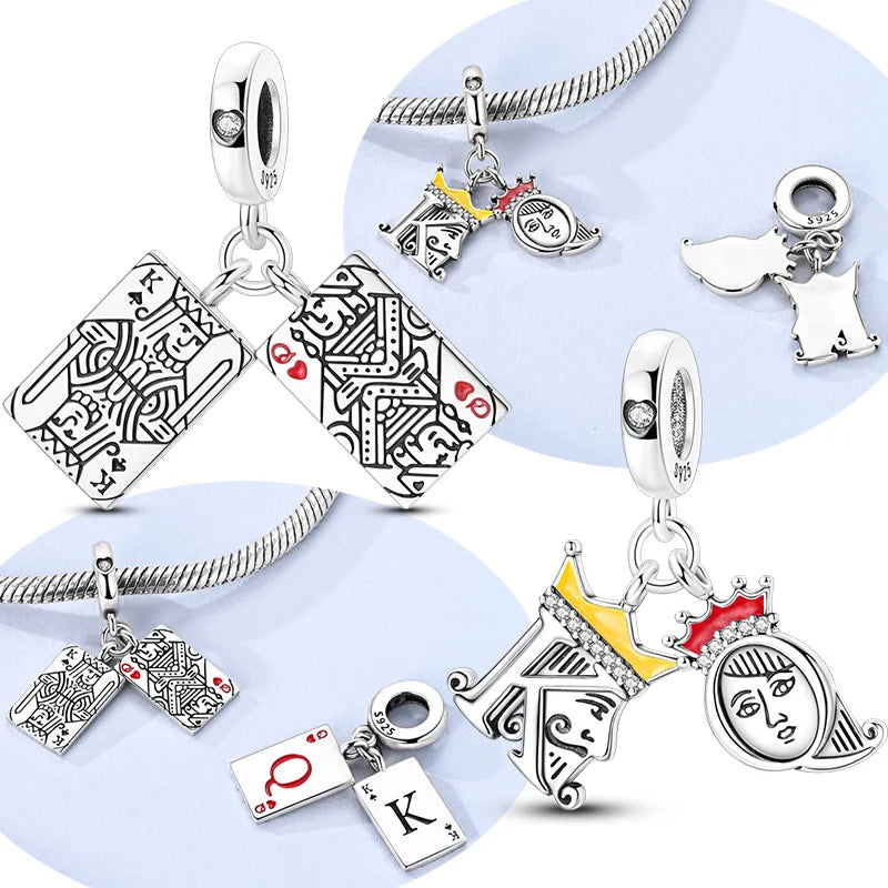 Original 925 Sterling Silver Charm Bead K&Q King and Queen Poker Pendant Fit Original Bracelets Necklace DIY Accessories Gift