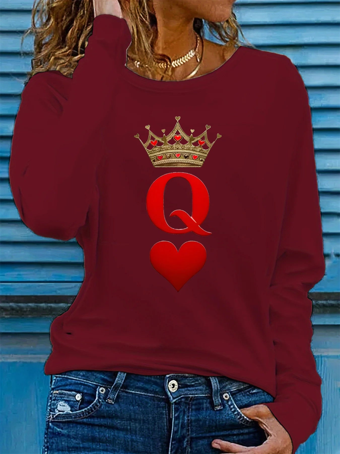 100% pure cotton women's spring and autumn comfortable casual long sleeved poker card Q queen pattern printed round neck T-shirt