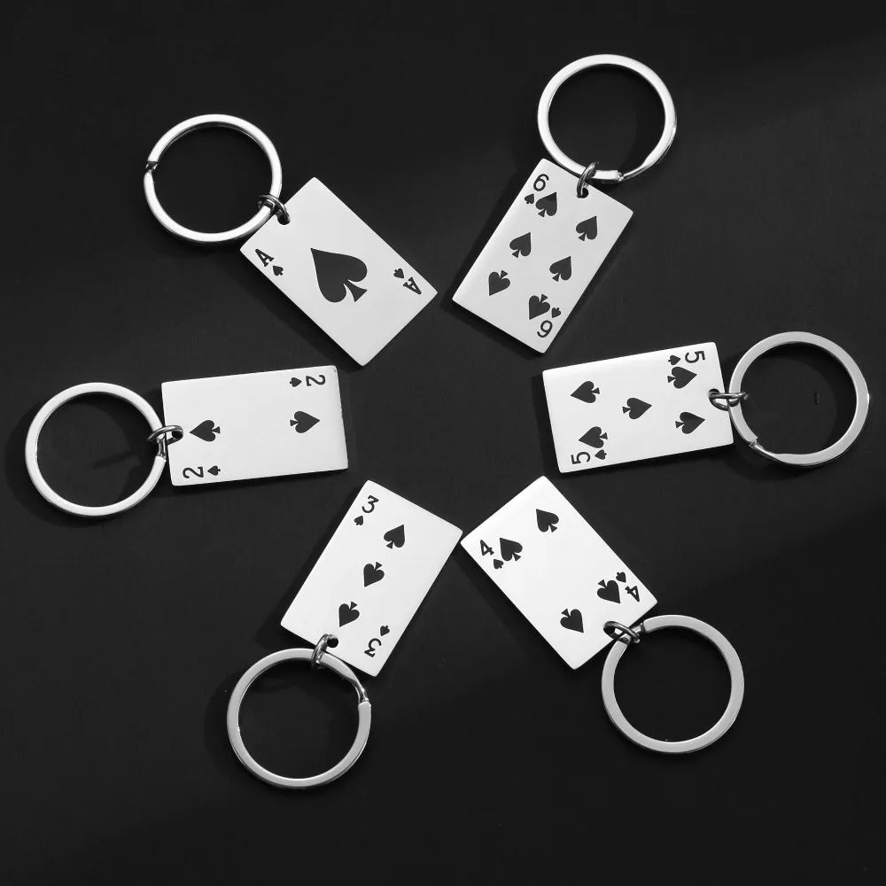 Trendy Playing Card Keychain Classic Stainless Steel Spades Heart Ace Poker Pendant with Key Holder for Men Backpack Accessories