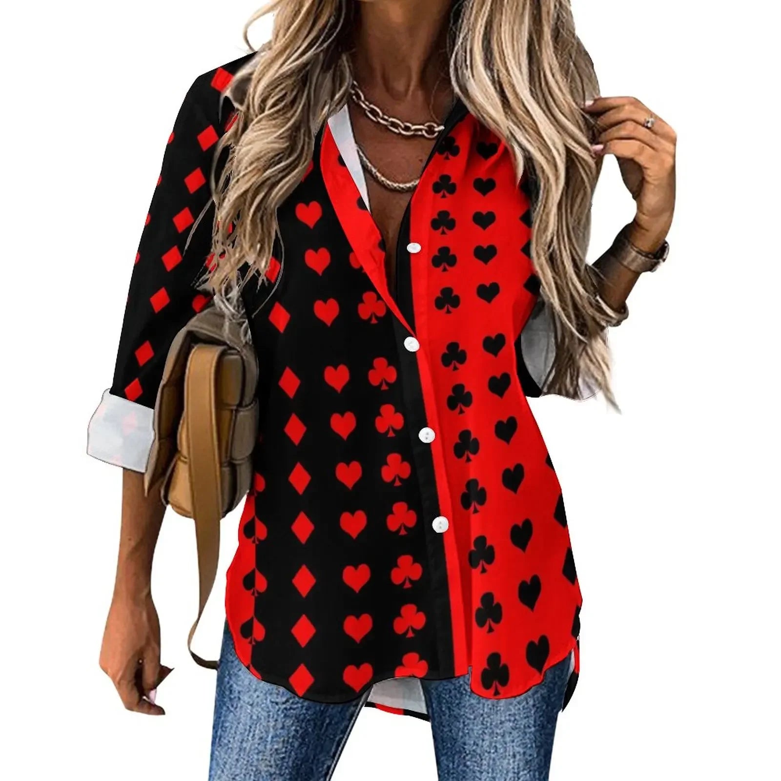 Poker Cards Loose Blouse Playing Cards Street Fashion Spring Autumn Blouses Womens Long-Sleeve Vintage Shirt Spring Graphic Tops