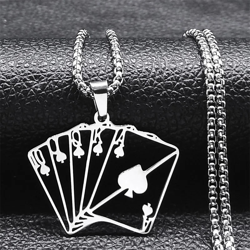 Lucky Ace of Spades Poker 10 J Q K A Necklace Stainless Steel Card Casino Fortune Playing Cards Necklace Jewelry collier6106