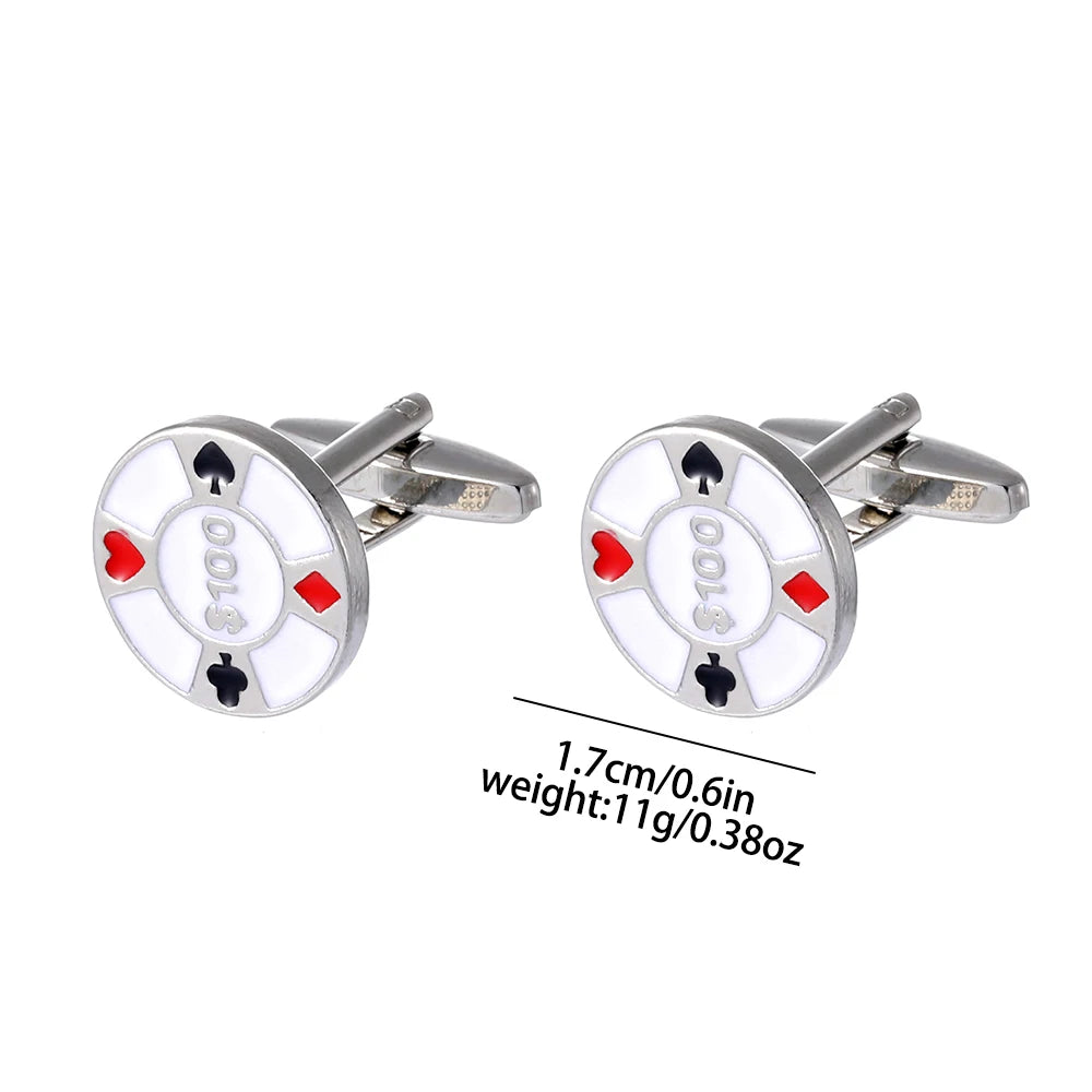 Classic Poker Spade Heart Diamond Club Design Mens Cufflinks Playing Card Chip Pattern Sleeve Button