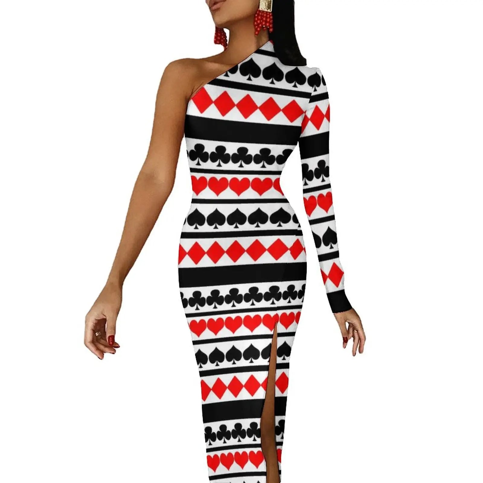 Casino Playing Cards Maxi Dress Long Sleeve Hearts Crosses Print Sexy Bodycon Dress Autumn Party Long Dresses Pattern Clothing