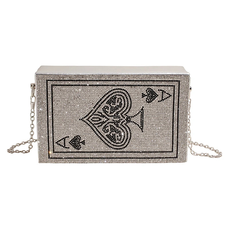 Sac à Main Pochette Femme Strass Poker Cœur — Chaîne Dorée Bandoulière Soirée