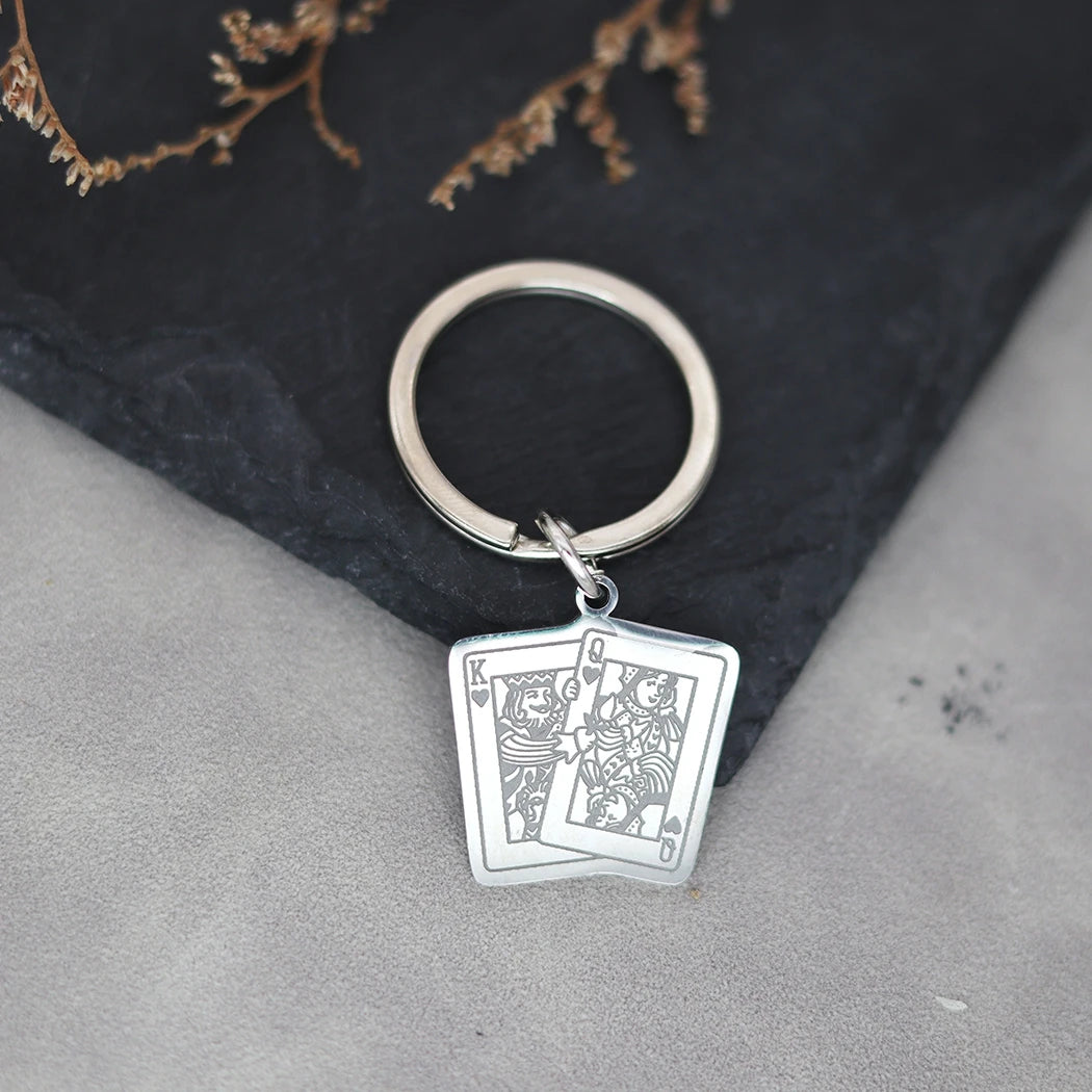 Red Heart King and Queen Playing Card Stainless Steel Custom ID Phone Tag Key Chain Men's Jewelry Hip Hop Punk Key Chain Pendant