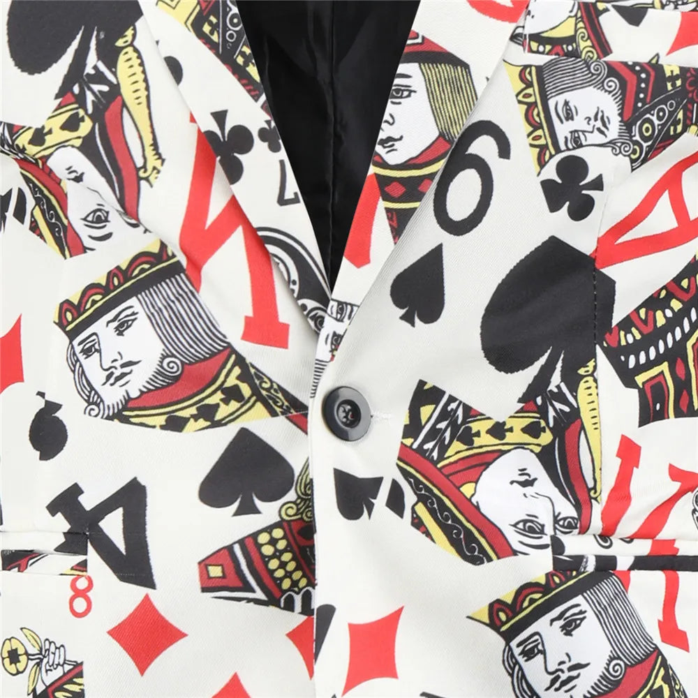 2026 New Thin Mens Suit Two-Piece, Poker Pattern Printed Decorative Jacket With Trousers, Fashion Casual Men Sets