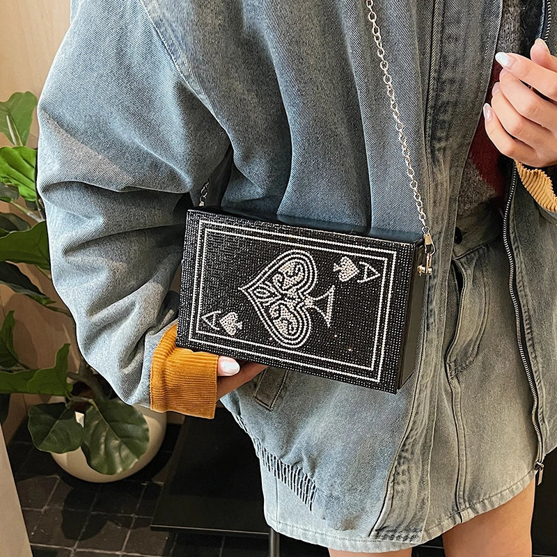 Sac à Main Pochette Femme Strass Poker Cœur — Chaîne Dorée Bandoulière Soirée
