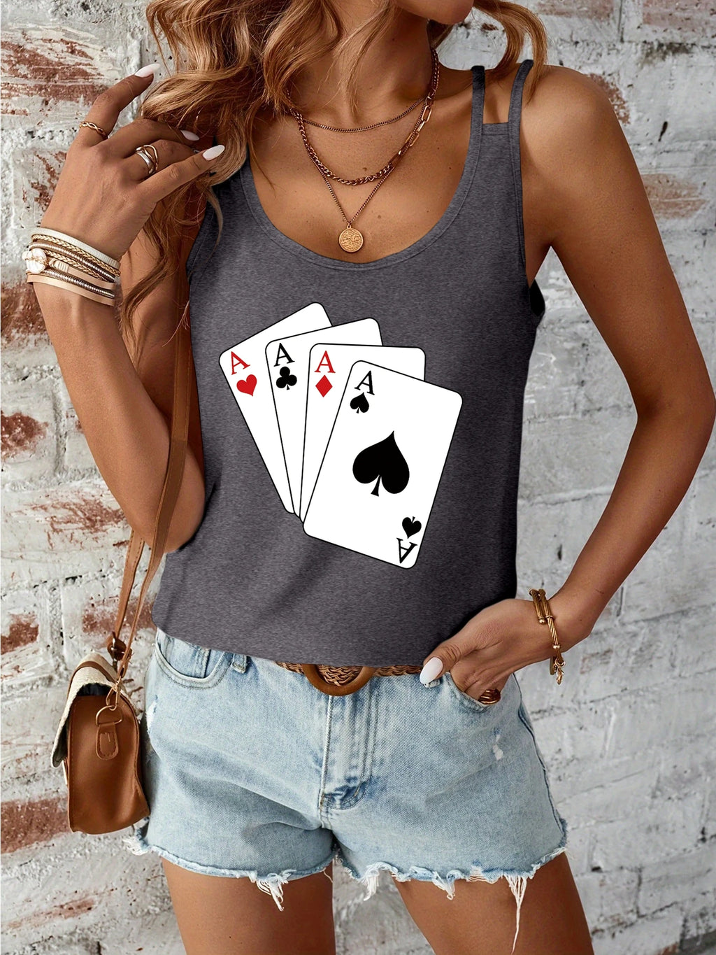 Playing Cards Print Women's Tank Top, Poker Game Themed Sleeveless Cami, Double Straps Loose Fit Blouse for Party & Casual Wear