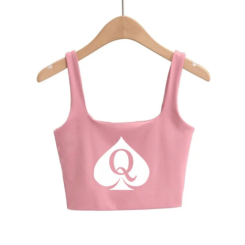 Queen of Spades Crop Tops Cute Slim Top Camis Sleeveless Hot Clothing for Women Double Ladies Good Quality Female Tops White Top