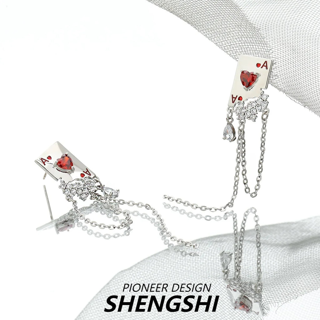 Poker tassels Earrings for Female Red Peach A Pendants Earring Rhinestones Ear Studs Fashion Stud Earrings Girl Jewelry Gift