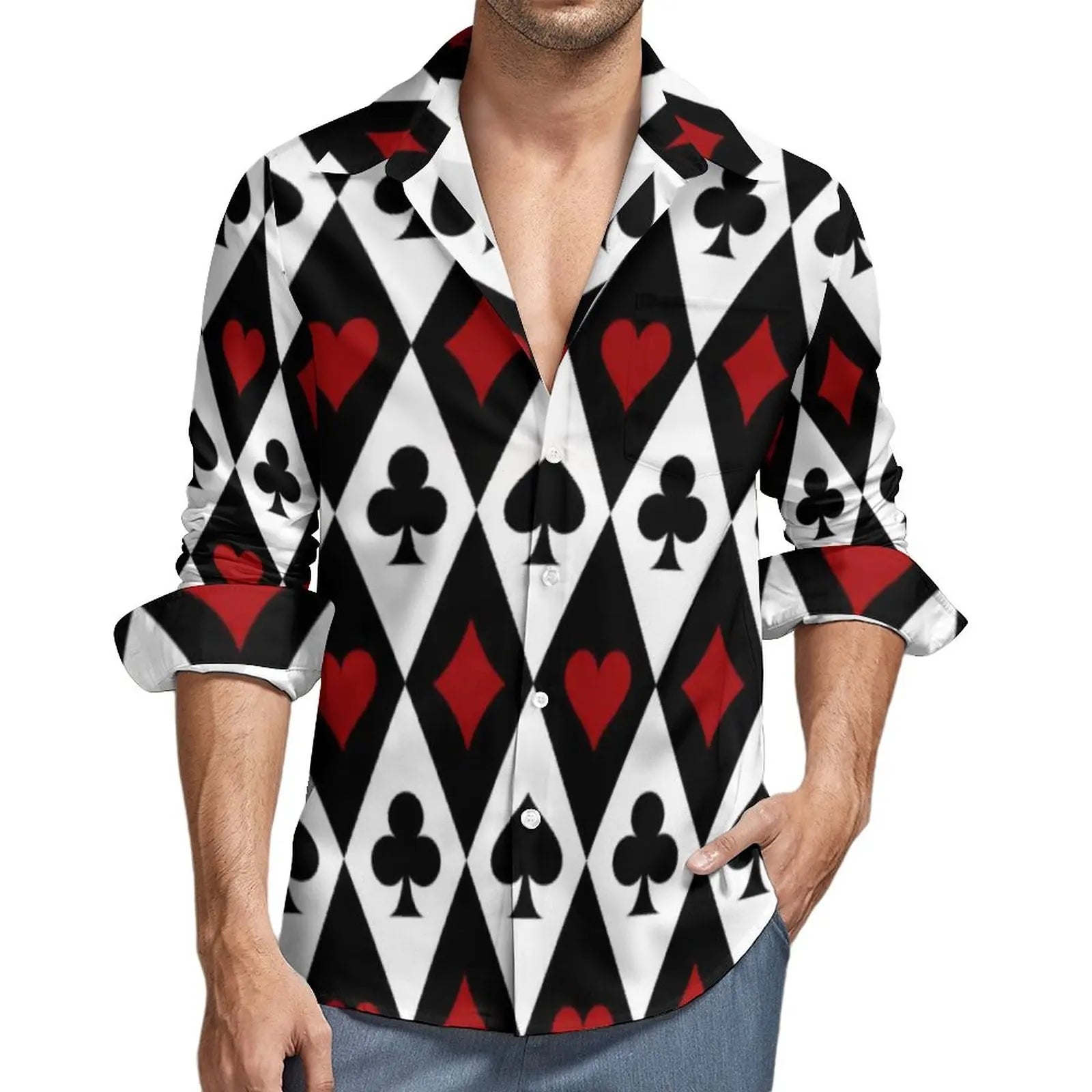 Poker Symbols Casual Shirts Male Playing Card Suits Shirt Long Sleeve Trending Funny Blouses Spring Graphic Clothing Plus Size
