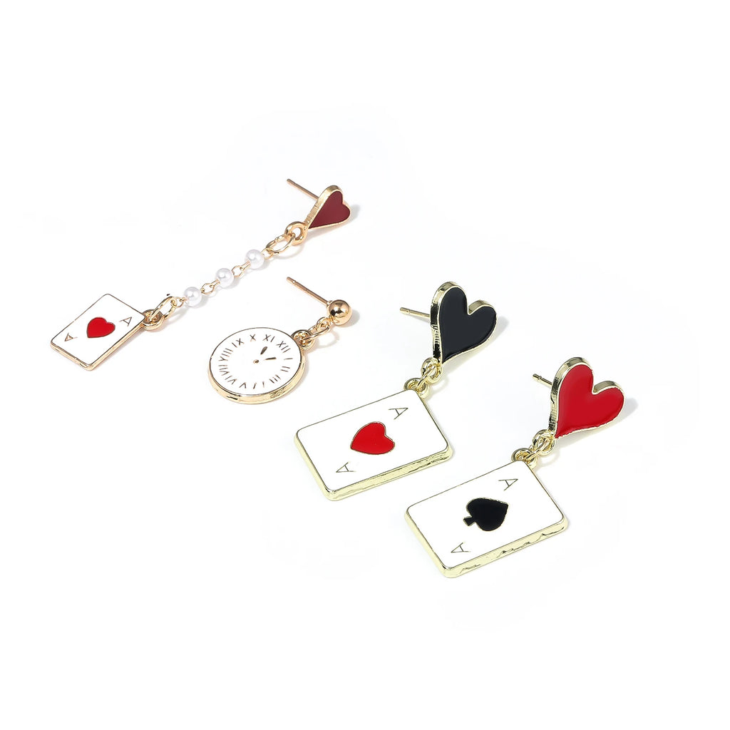 Alice In Wonderland Playing Card Earrings Women Funny Clock Poker Card Drop Earrings Hearts And Spades Playing Cards Earrings