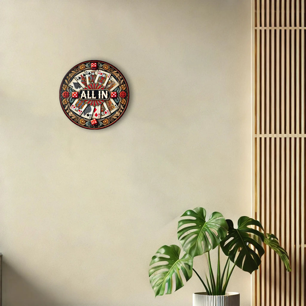 [2D Flat] 8" Round Aluminium Panneau avec "All In" Guirlande Design - Vibrant Poker & Dice Theme, Perfect pour Home, Bar, Cafe,