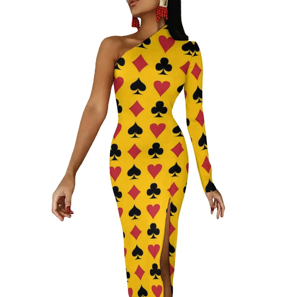 Casino Playing Cards Maxi Dress Long Sleeve Hearts Crosses Print Sexy Bodycon Dress Autumn Party Long Dresses Pattern Clothing