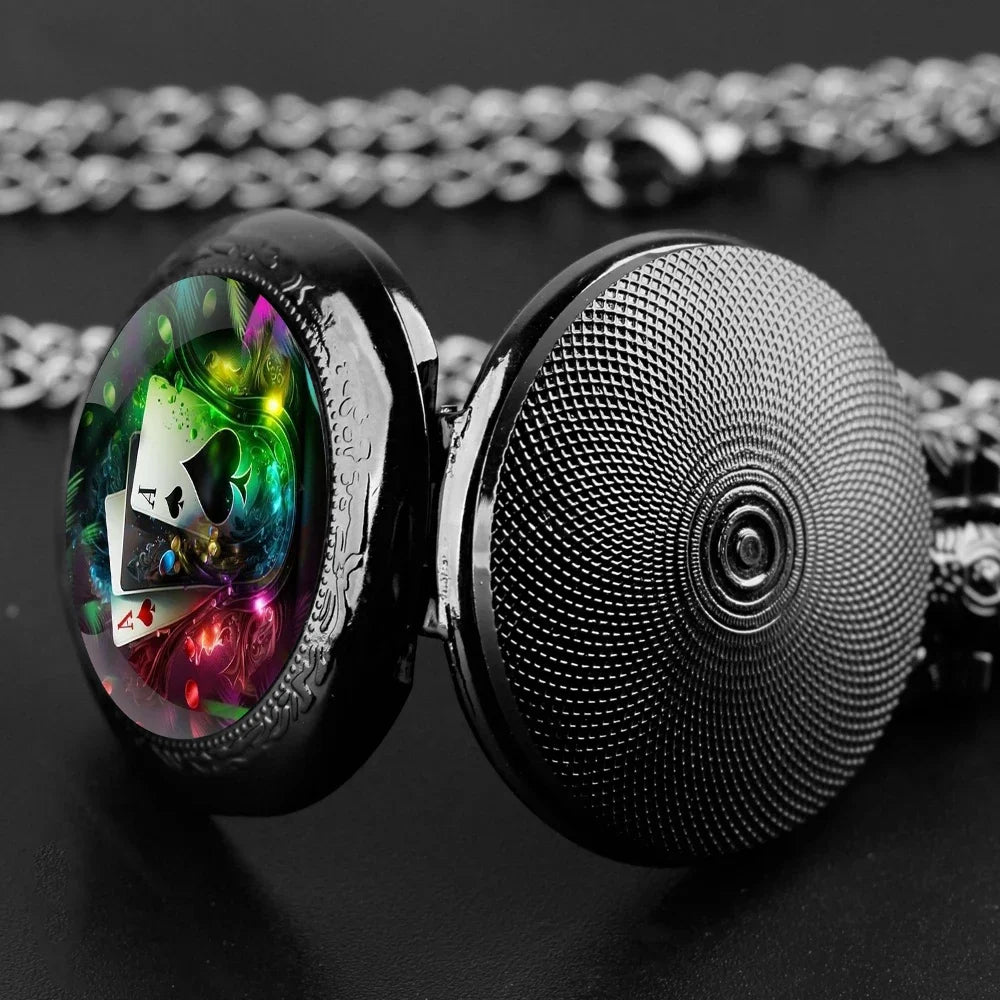 Exquisite Magic Poker Glass Dome Quartz Pocket Watch with Chain Arabic Numeral Dial Women Necklace Pendant Gifts Man Watches