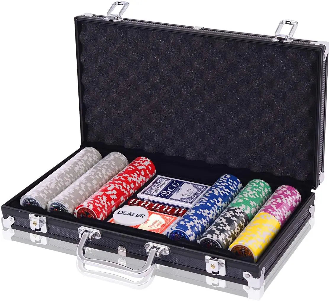 Poker Chips Poker Set with 300 Chips Including 2 Poker Cards 5 Dice 1 Button Aluminum Case Table Entertainment Equipment