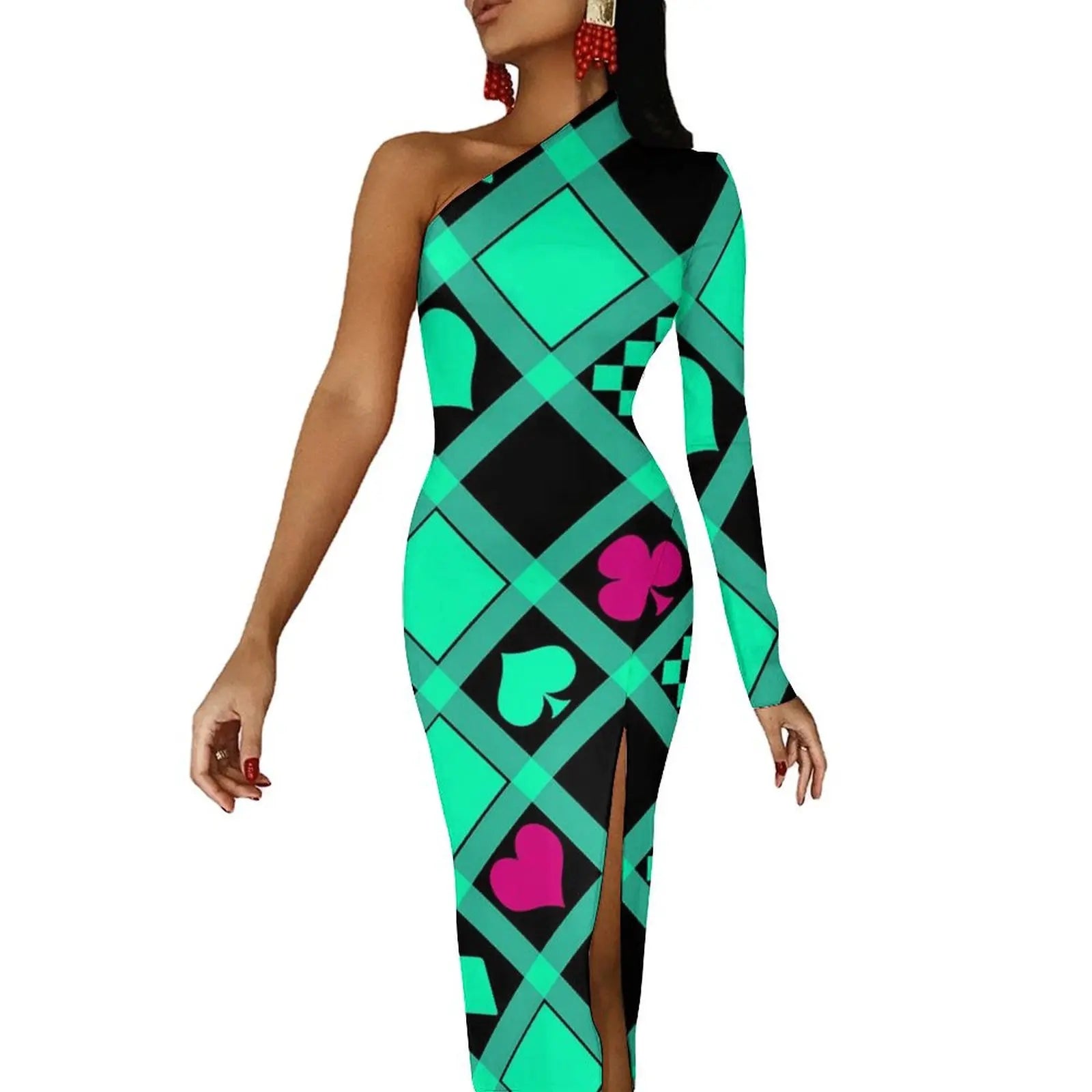 Casino Playing Cards Maxi Dress Long Sleeve Hearts Crosses Print Sexy Bodycon Dress Autumn Party Long Dresses Pattern Clothing