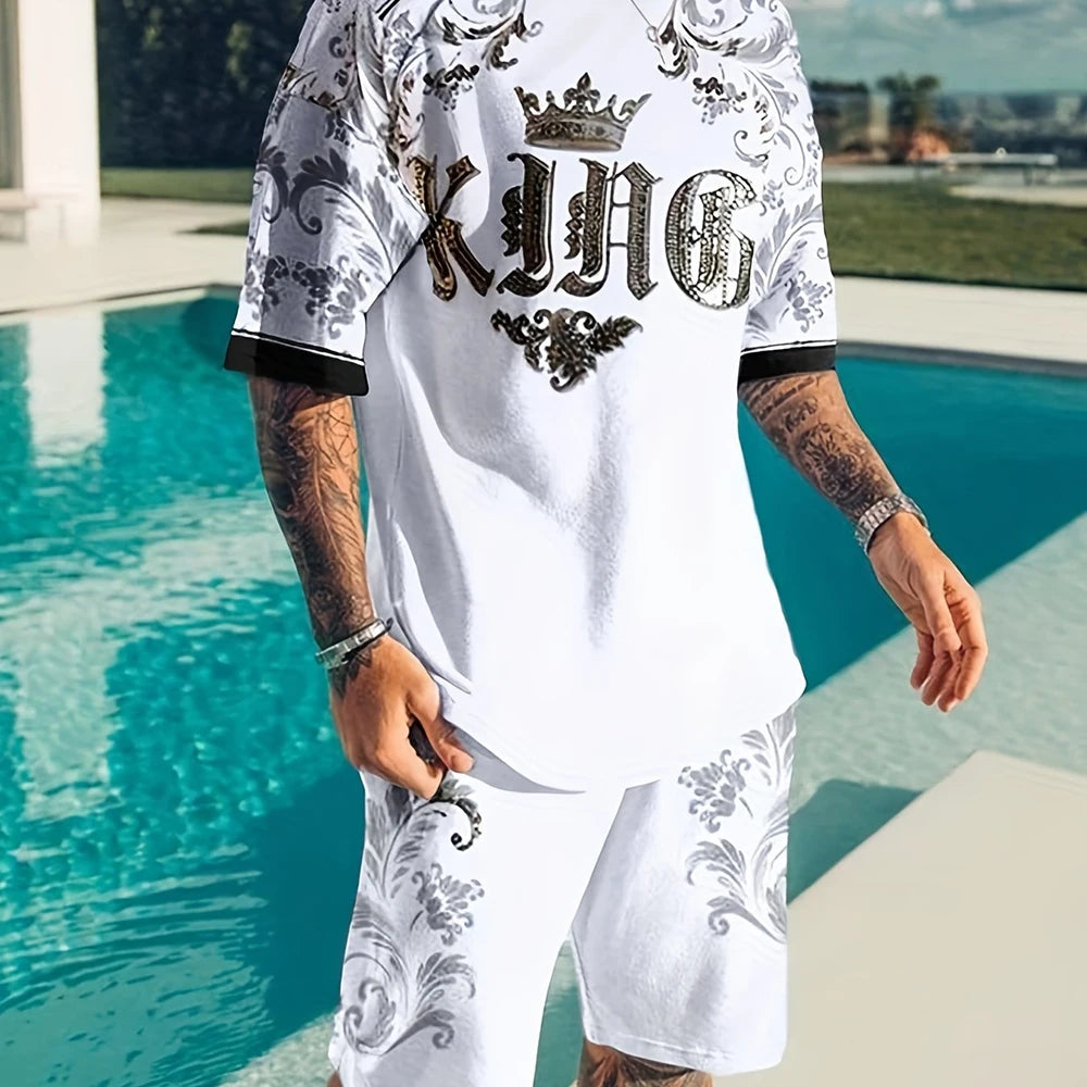2025 Summer New Men's Summer Leisure Sports Running Set Loose Men's Refreshing Top Y2K Style 3D Poker King Fashion shirt Set Lightweight