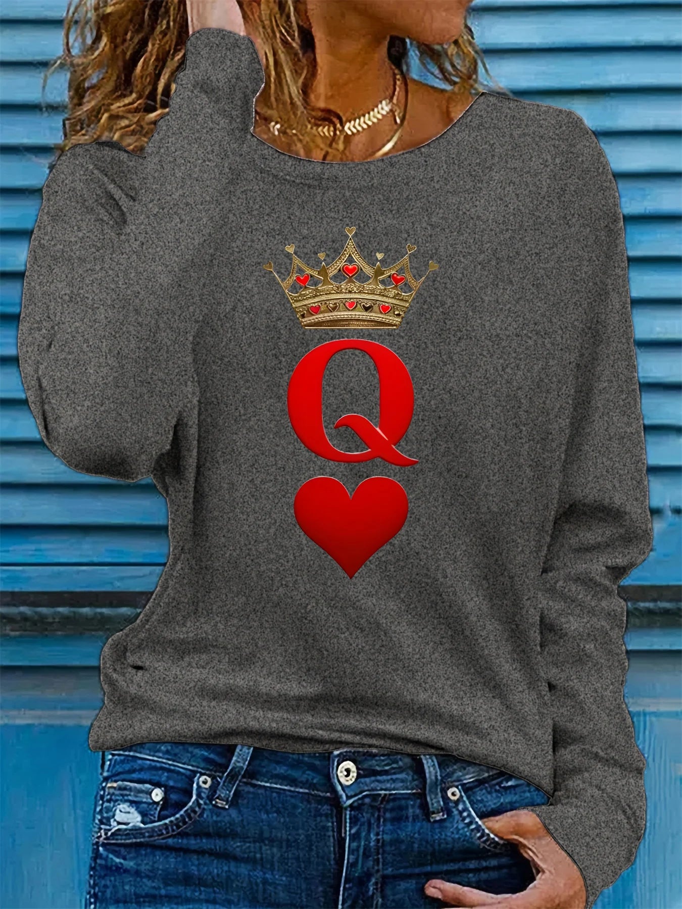 100% pure cotton women's spring and autumn comfortable casual long sleeved poker card Q queen pattern printed round neck T-shirt
