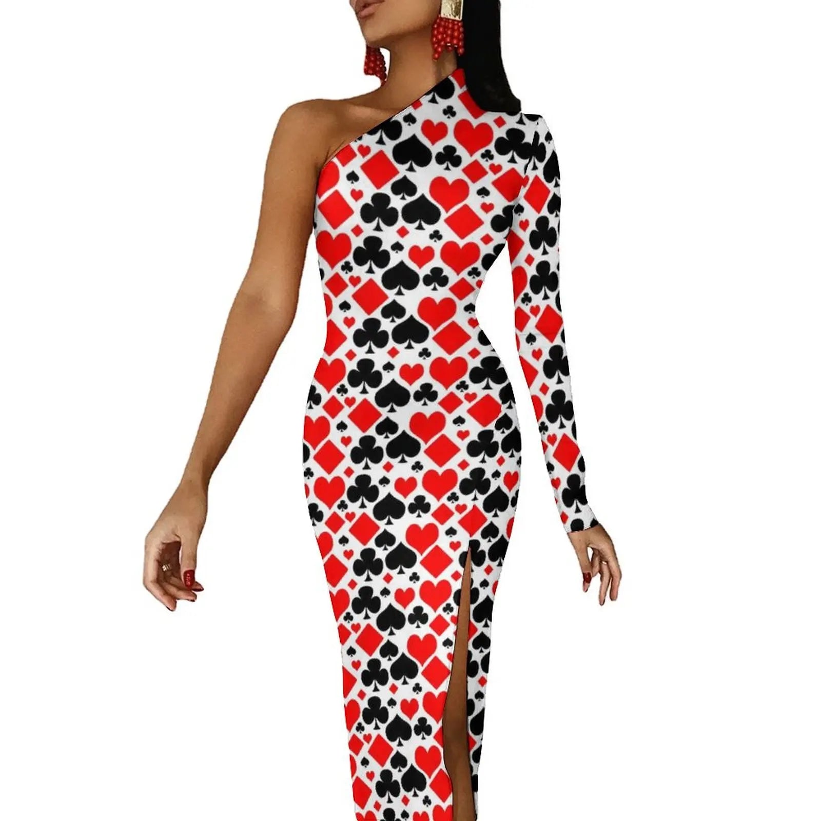 Casino Playing Cards Maxi Dress Long Sleeve Hearts Crosses Print Sexy Bodycon Dress Autumn Party Long Dresses Pattern Clothing