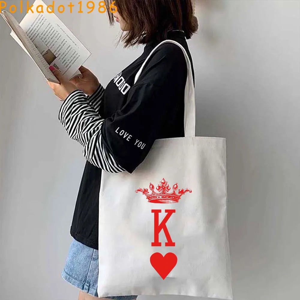 Funny Poker Cartes à Jouer Cute King Queen Jack of Cœur Crowned Toile Tote Sac Pouch Shopper Shoulder Shopping Cotton Sac à Mains