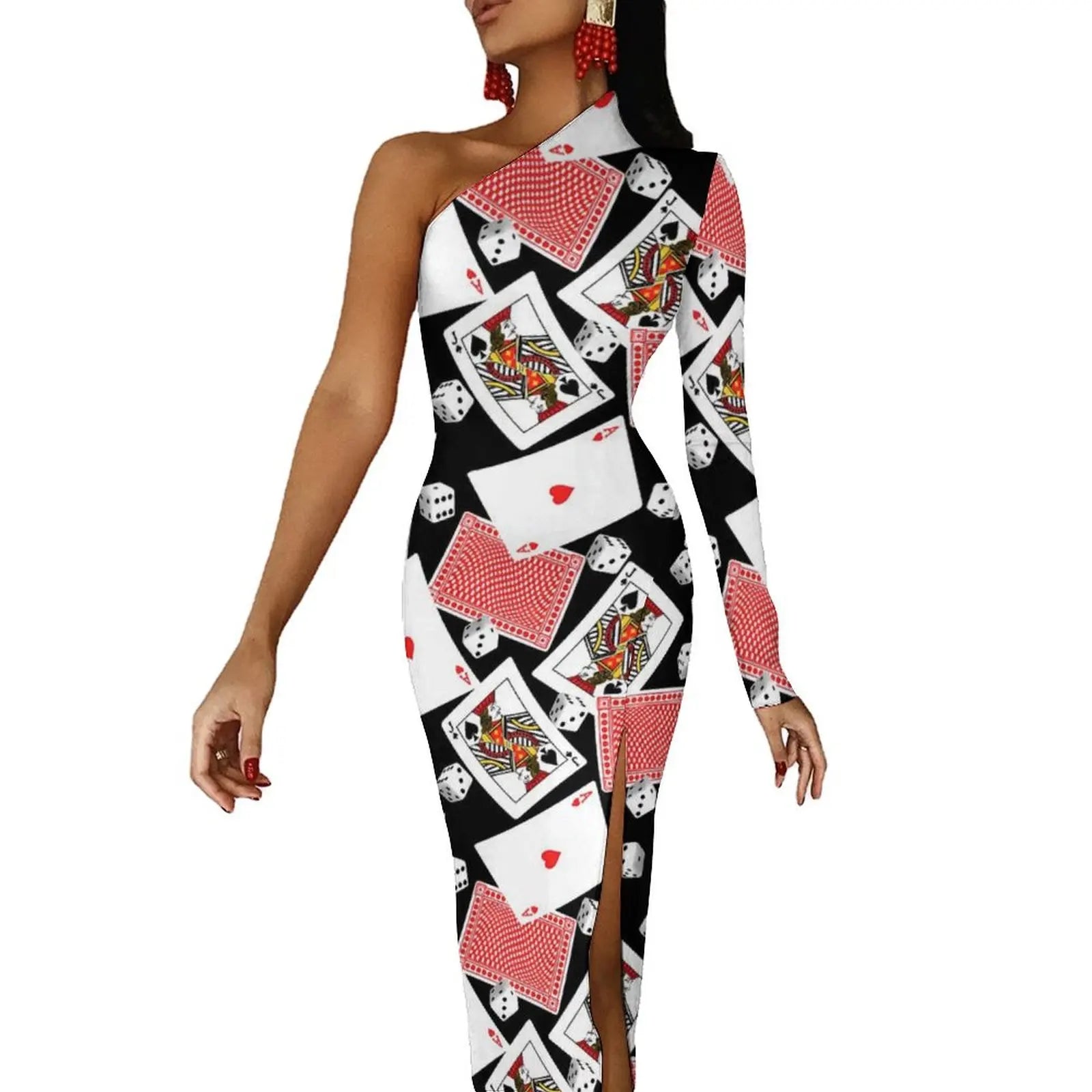Casino Playing Cards Maxi Dress Long Sleeve Hearts Crosses Print Sexy Bodycon Dress Autumn Party Long Dresses Pattern Clothing