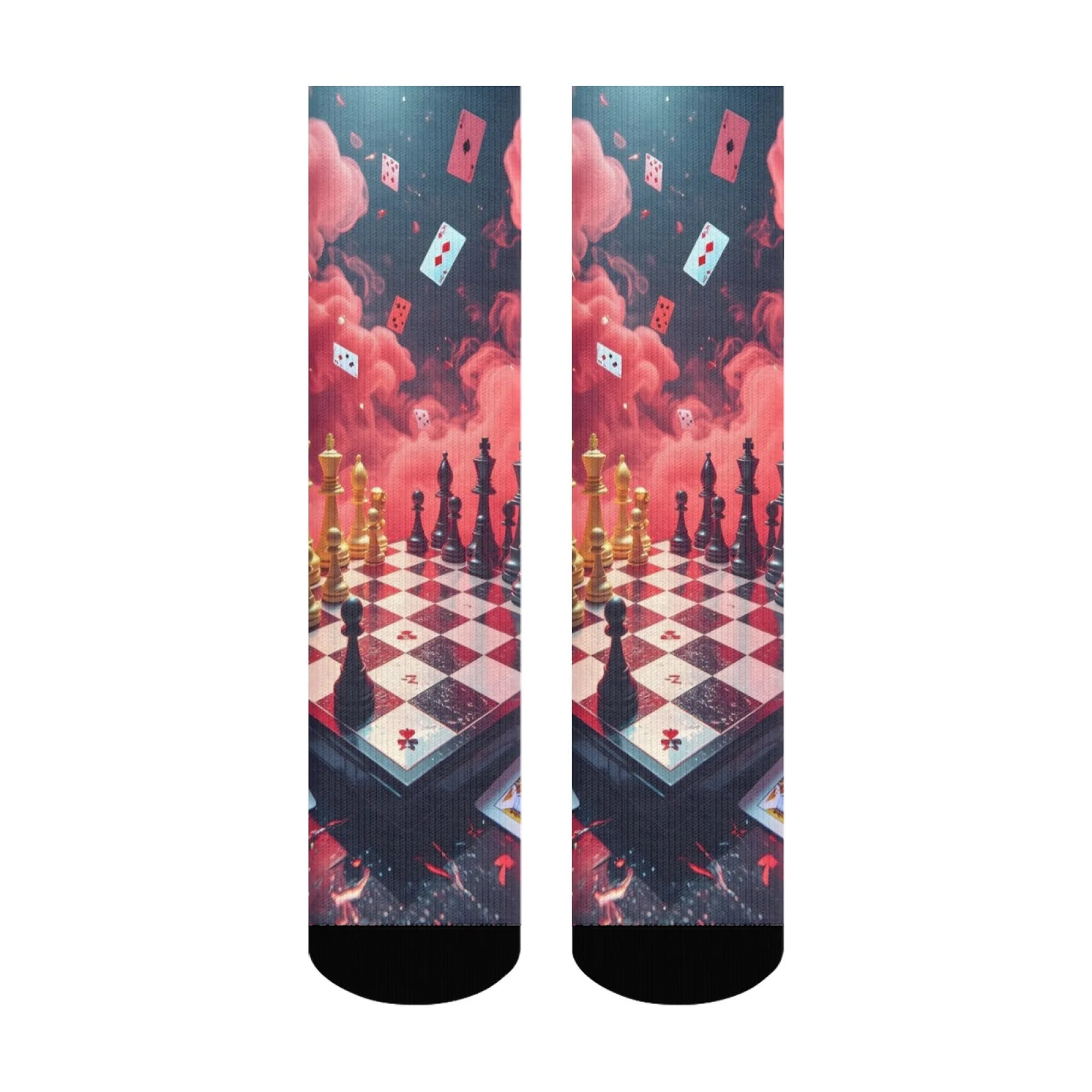 Novelty chessboard and playing card print men's socks, comfortable, breathable, non-slip, casual socks, perfect as a party gift.