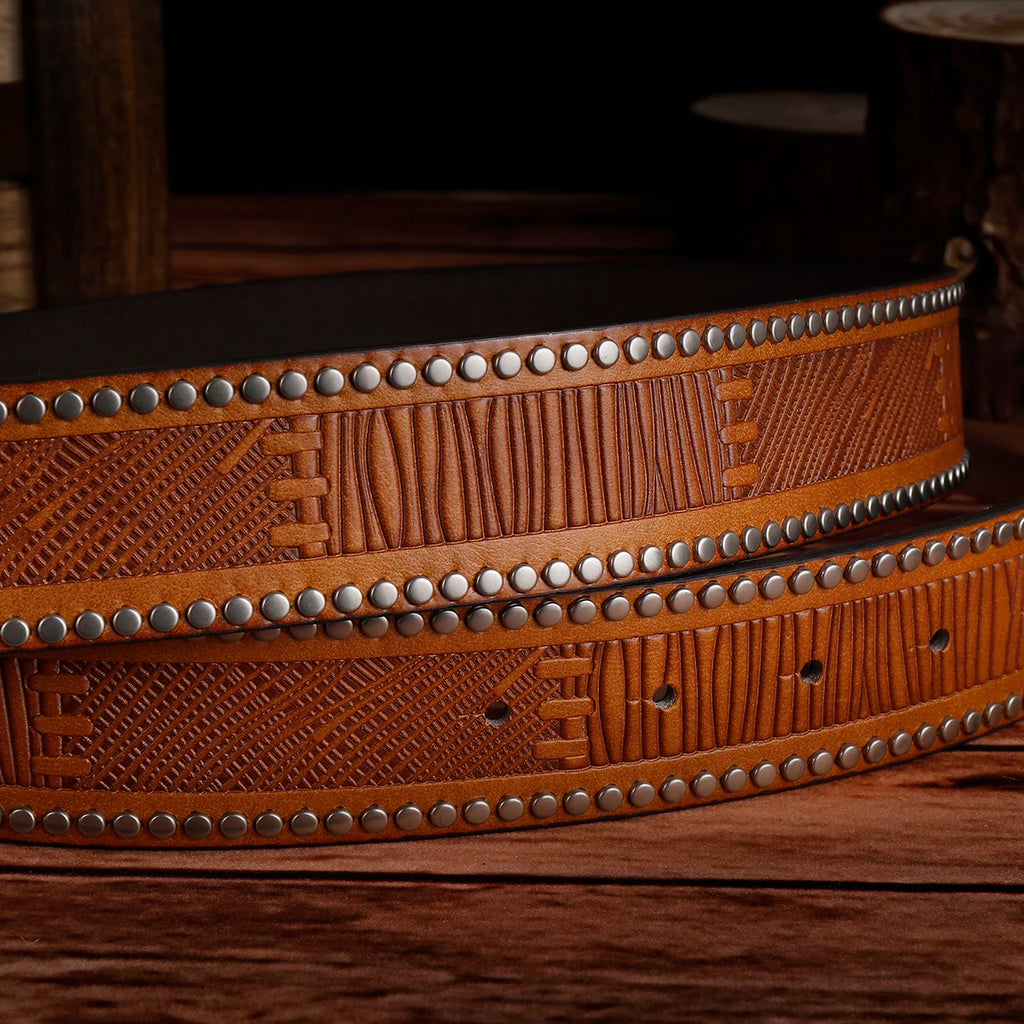Pique Mode Unique Double layer Cowhide Brown Handmade Leather Western Cowboy Style Ceinture, Essential Cadeau pour Cadeaux