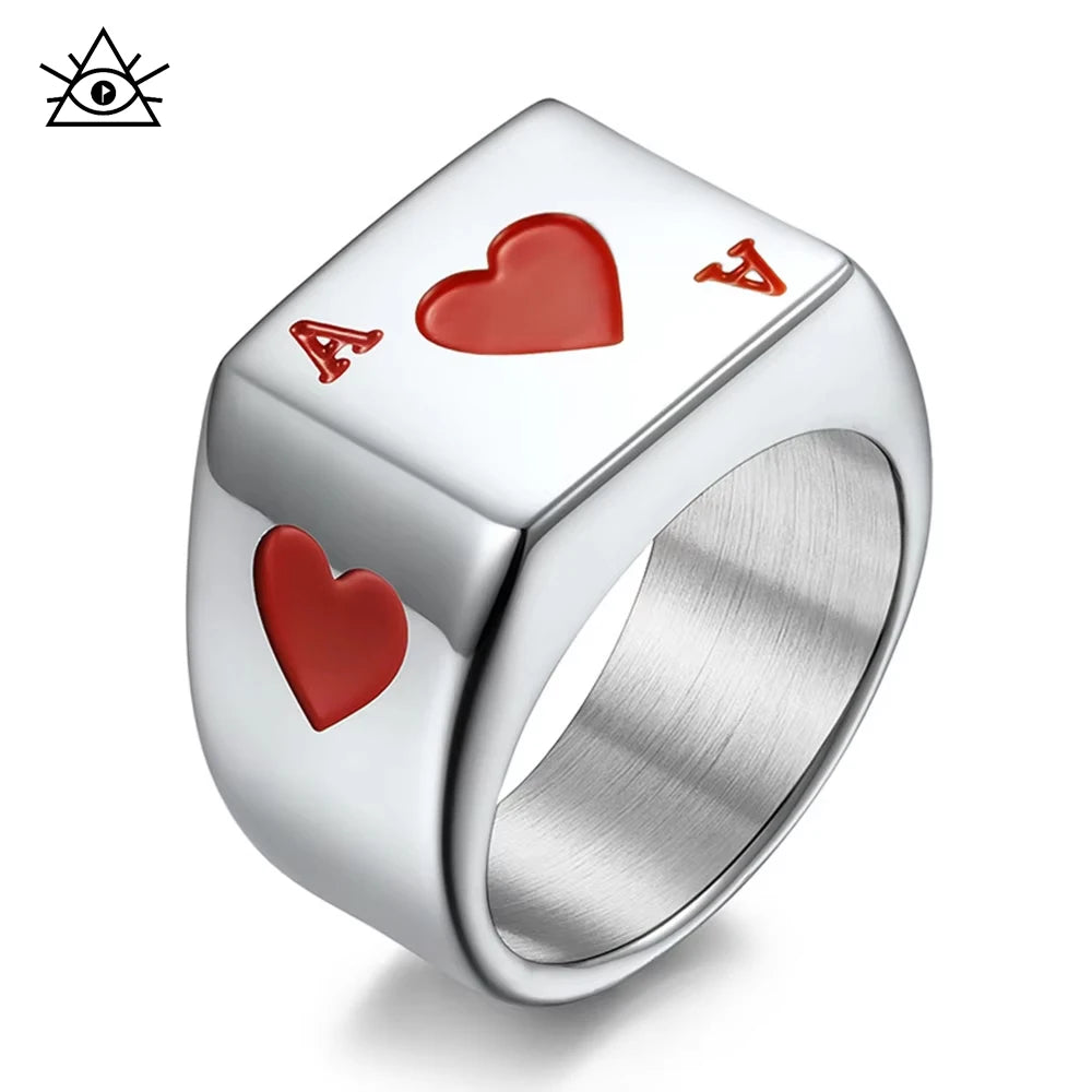 Poker Ring Men Spade Rings Stainless Steel Jewelry Lucky Ring with Black Ace of Spades Poker Card