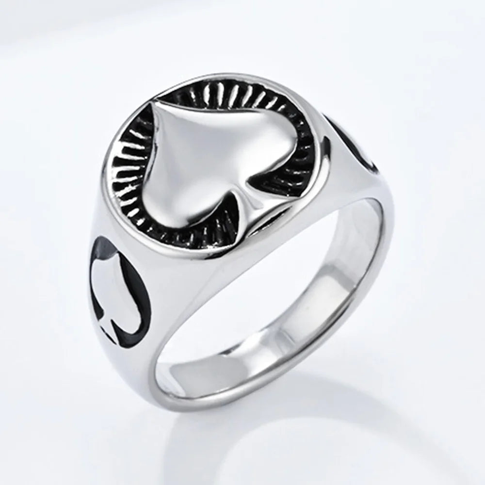Vintage Men's Titanium Steel Ring Round Spades Poker Ace Of Spades Stainless Steel Ring