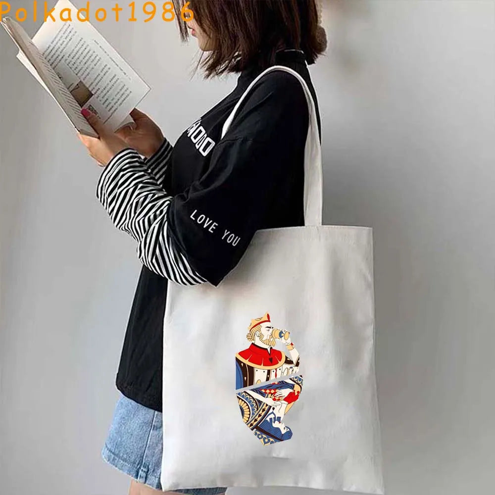 Funny Poker Cartes à Jouer Cute King Queen Jack of Cœur Crowned Toile Tote Sac Pouch Shopper Shoulder Shopping Cotton Sac à Mains