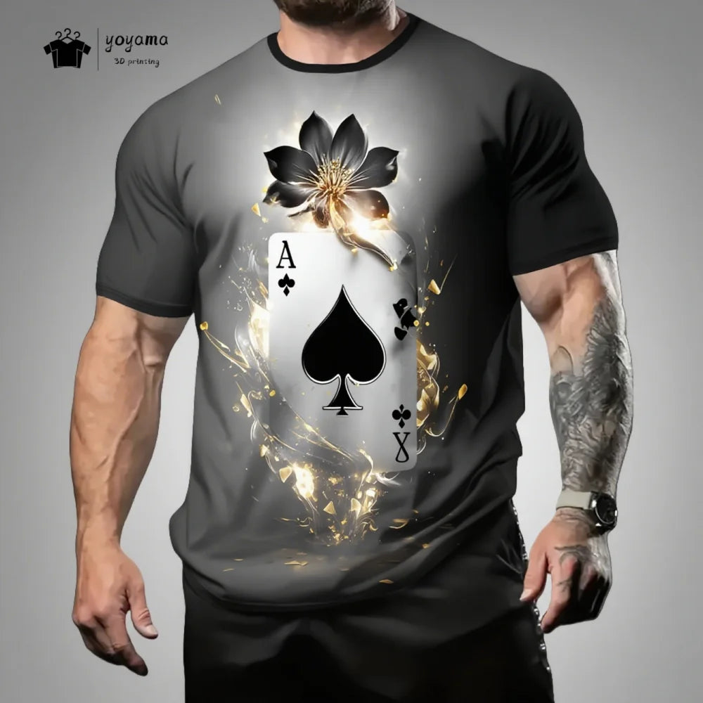 Street Men's T-Shirt 3D Poker Print Men's Top Summer Trendy Versatile Men's Short Sleeved Tee Fashion Round Neck Men's Clothing