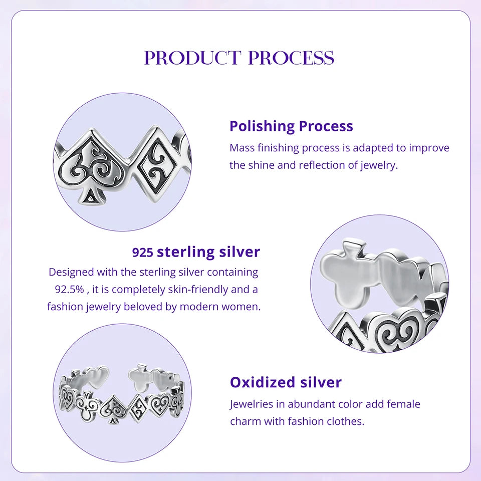 WOSTU Vintage 925 Sterling Silver Poker Card Open bague For Women, Antique Adjustable Stacking Party Rings Fine Gift
