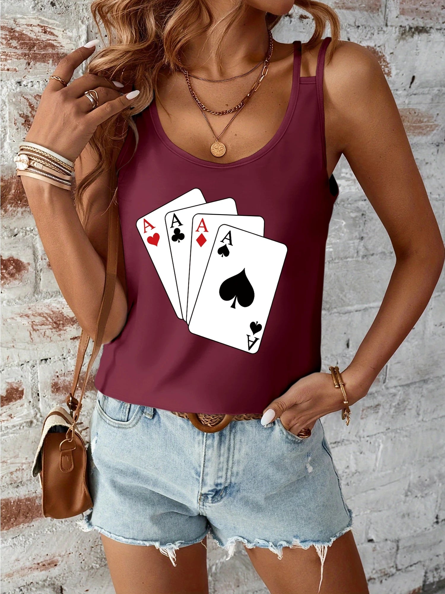 Playing Cards Print Women's Tank Top, Poker Game Themed Sleeveless Cami, Double Straps Loose Fit Blouse for Party & Casual Wear