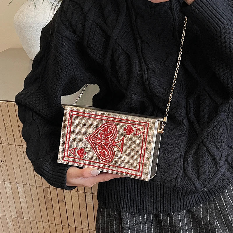 Sac à Main Pochette Femme Strass Poker Cœur — Chaîne Dorée Bandoulière Soirée