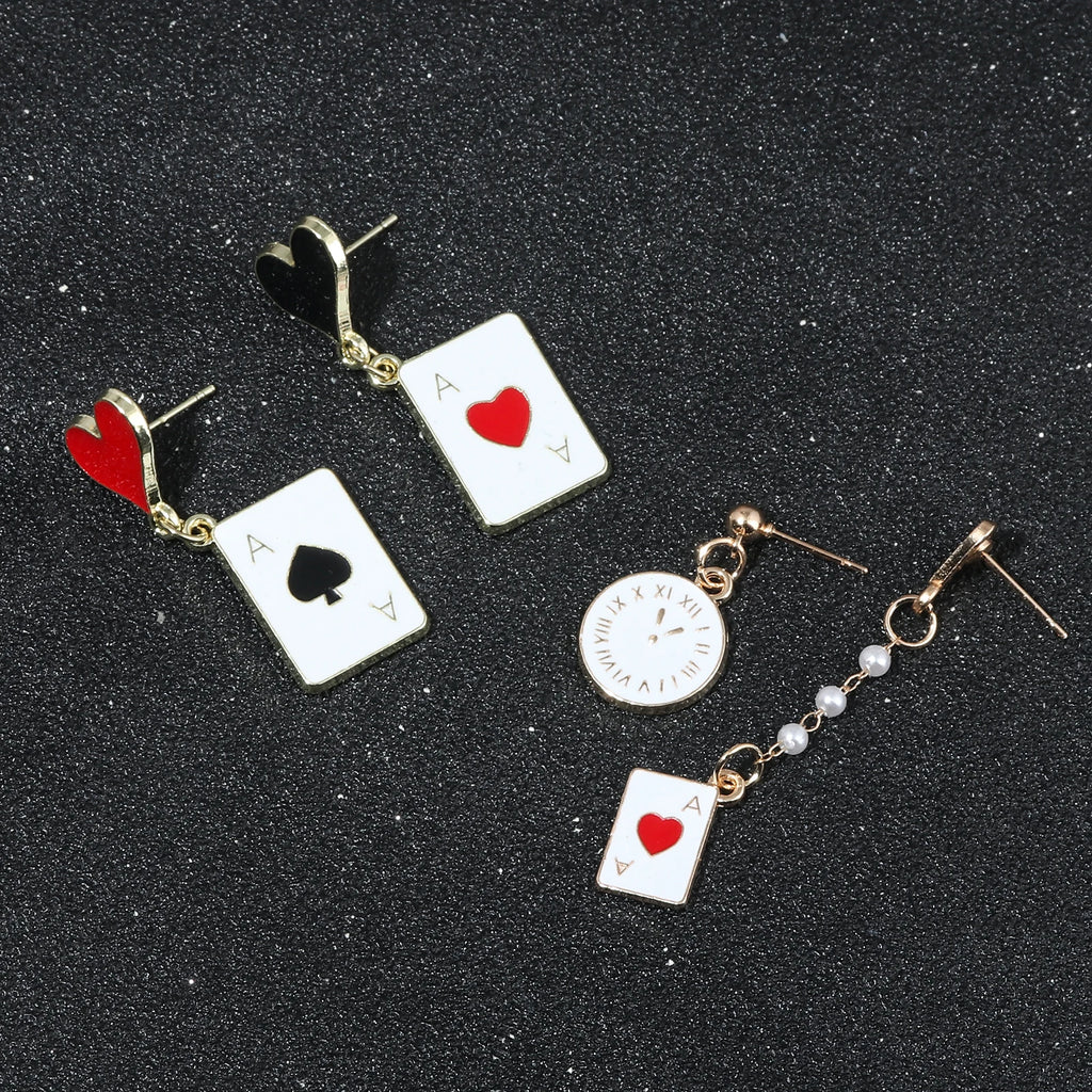 Alice In Wonderland Playing Card Earrings Women Funny Clock Poker Card Drop Earrings Hearts And Spades Playing Cards Earrings