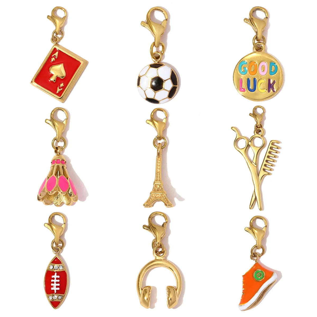 3pcs/Lot Stainless Steel Football Rugby Badminton Diy Clip On Charms Never Fade Women Earphone Poker A Necklace Lobster Pendant