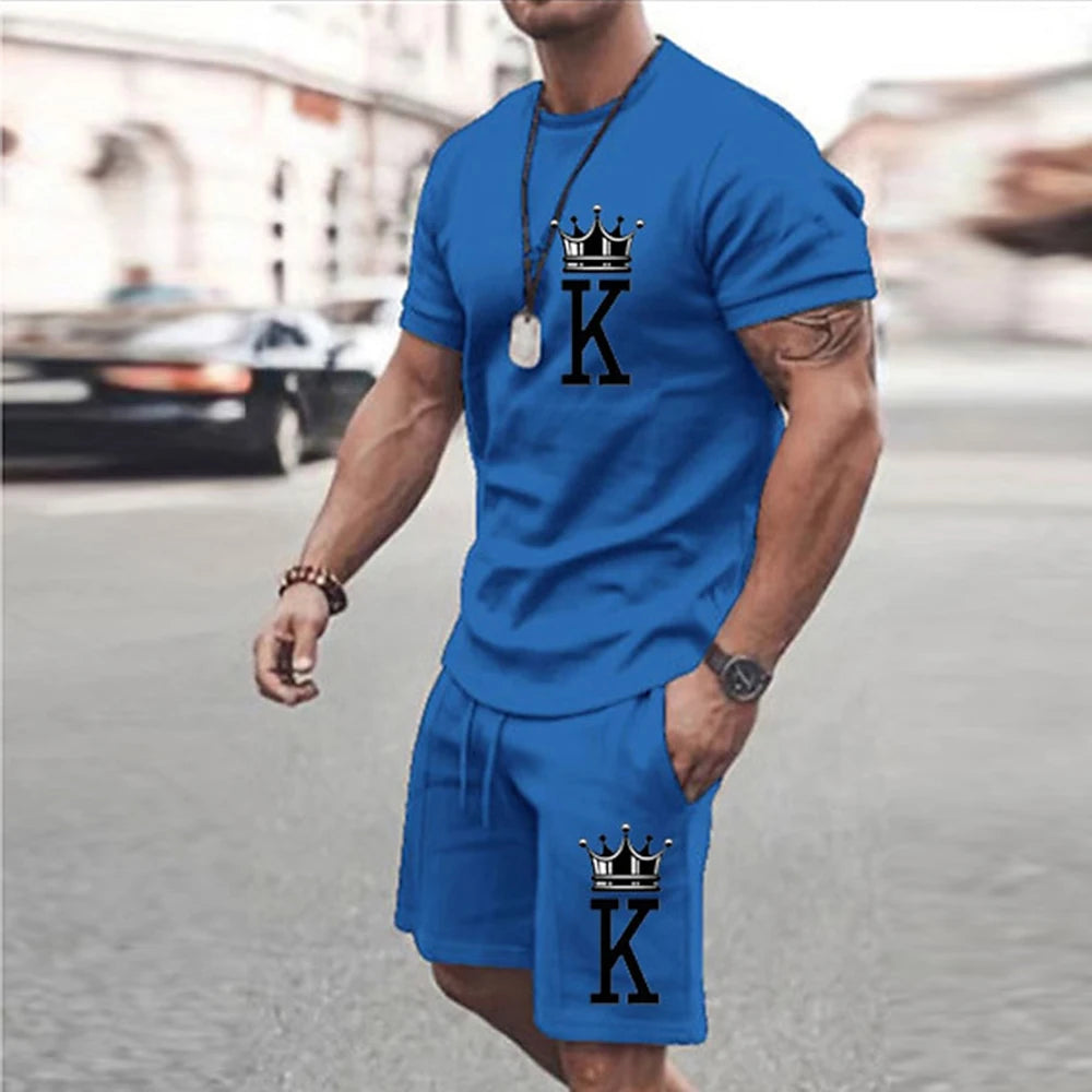 2025 Summer New Men's Summer Leisure Sports Running Set Loose Men's Refreshing Top Y2K Style 3D Poker King Fashion shirt Set Lightweight