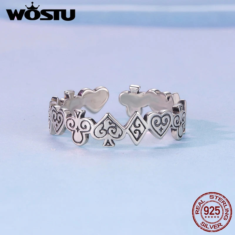 WOSTU Vintage 925 Sterling Silver Poker Card Open bague For Women, Antique Adjustable Stacking Party Rings Fine Gift