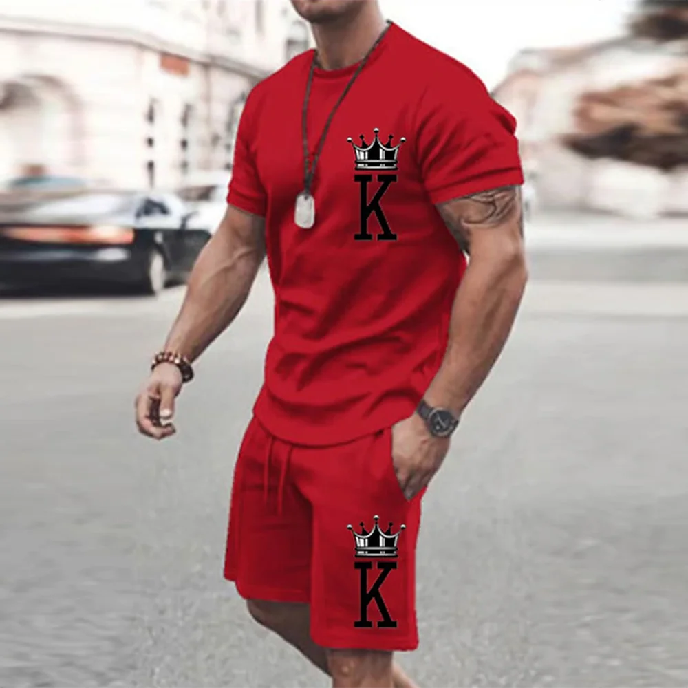 2025 Summer New Men's Summer Leisure Sports Running Set Loose Men's Refreshing Top Y2K Style 3D Poker King Fashion shirt Set Lightweight