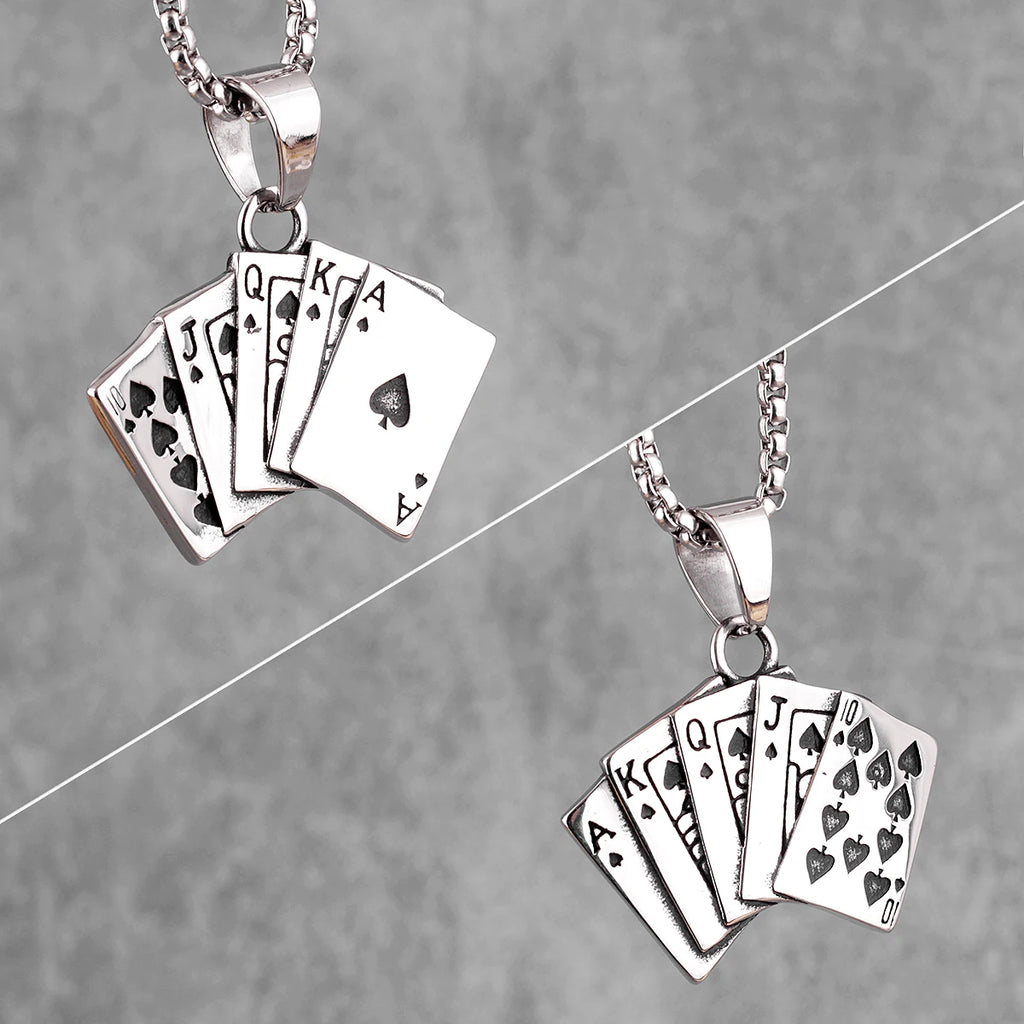 Flush Poker Gambling Long Men Necklaces Pendants Chain Punk for Boyfriend Male Stainless Steel Jewelry Creativity Gift Wholesale