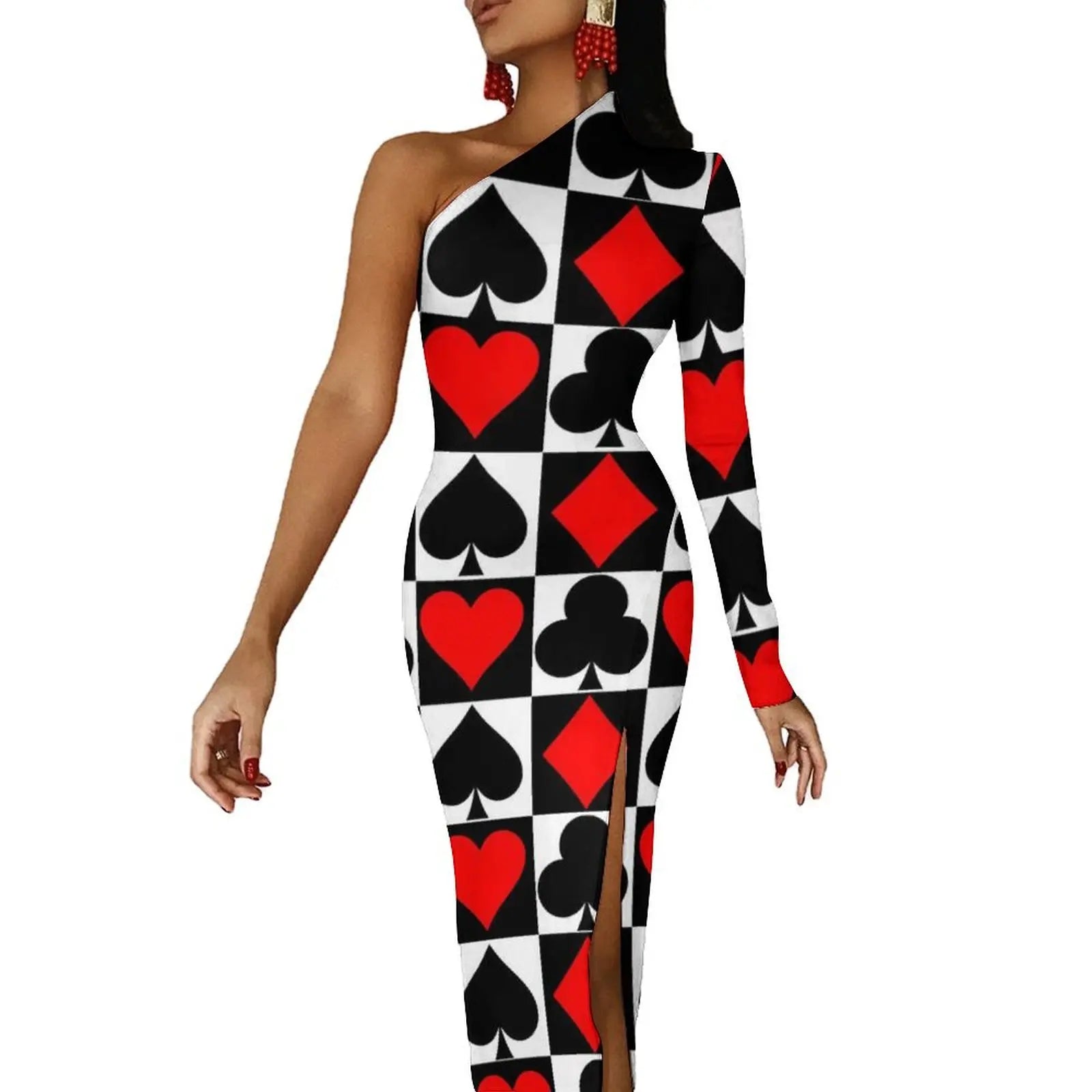 Casino Playing Cards Maxi Dress Long Sleeve Hearts Crosses Print Sexy Bodycon Dress Autumn Party Long Dresses Pattern Clothing