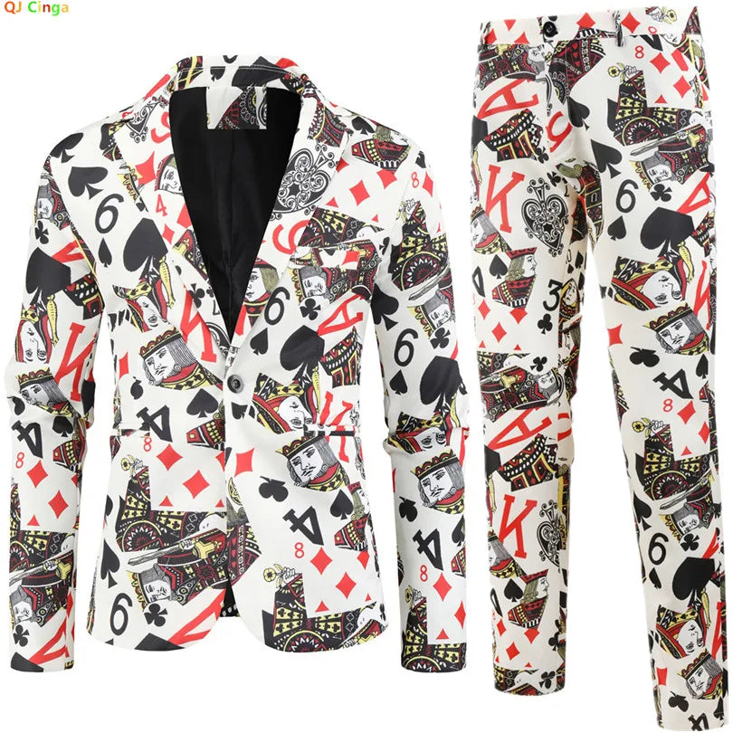 2026 New Thin Mens Suit Two-Piece, Poker Pattern Printed Decorative Jacket With Trousers, Fashion Casual Men Sets
