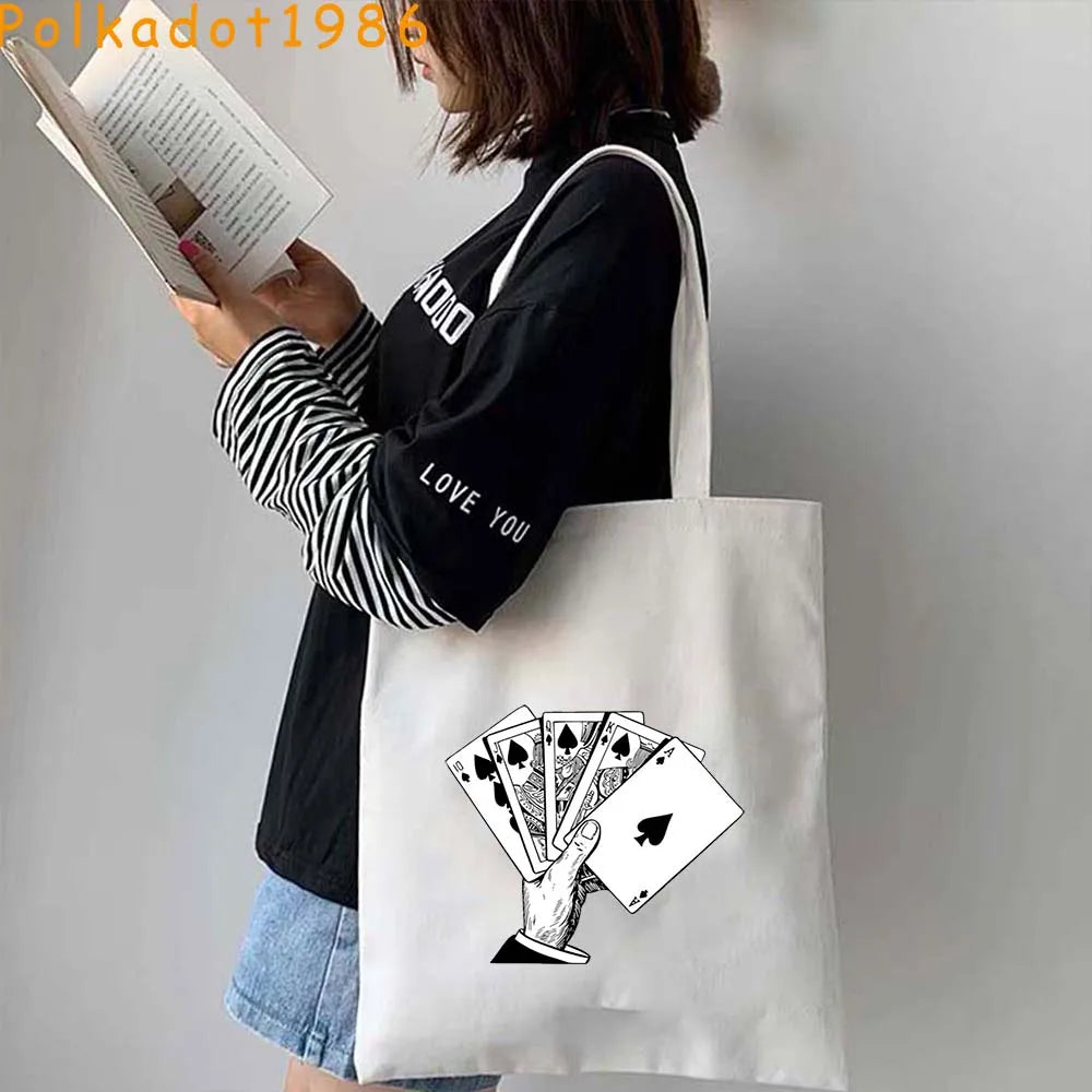 Funny Poker Cartes à Jouer Cute King Queen Jack of Cœur Crowned Toile Tote Sac Pouch Shopper Shoulder Shopping Cotton Sac à Mains