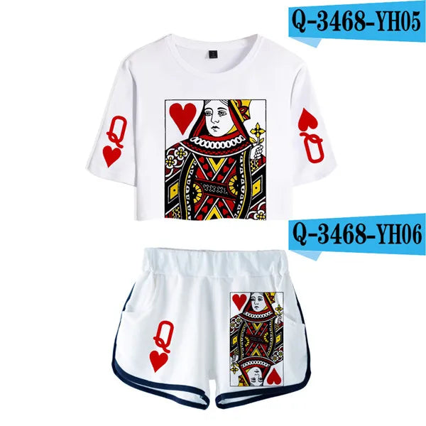 Playing Cards Poker K Q t-shirts shorts girls sexy sport suit tracksuit shirts outfit KING QUEEN two piece set women tops shorts