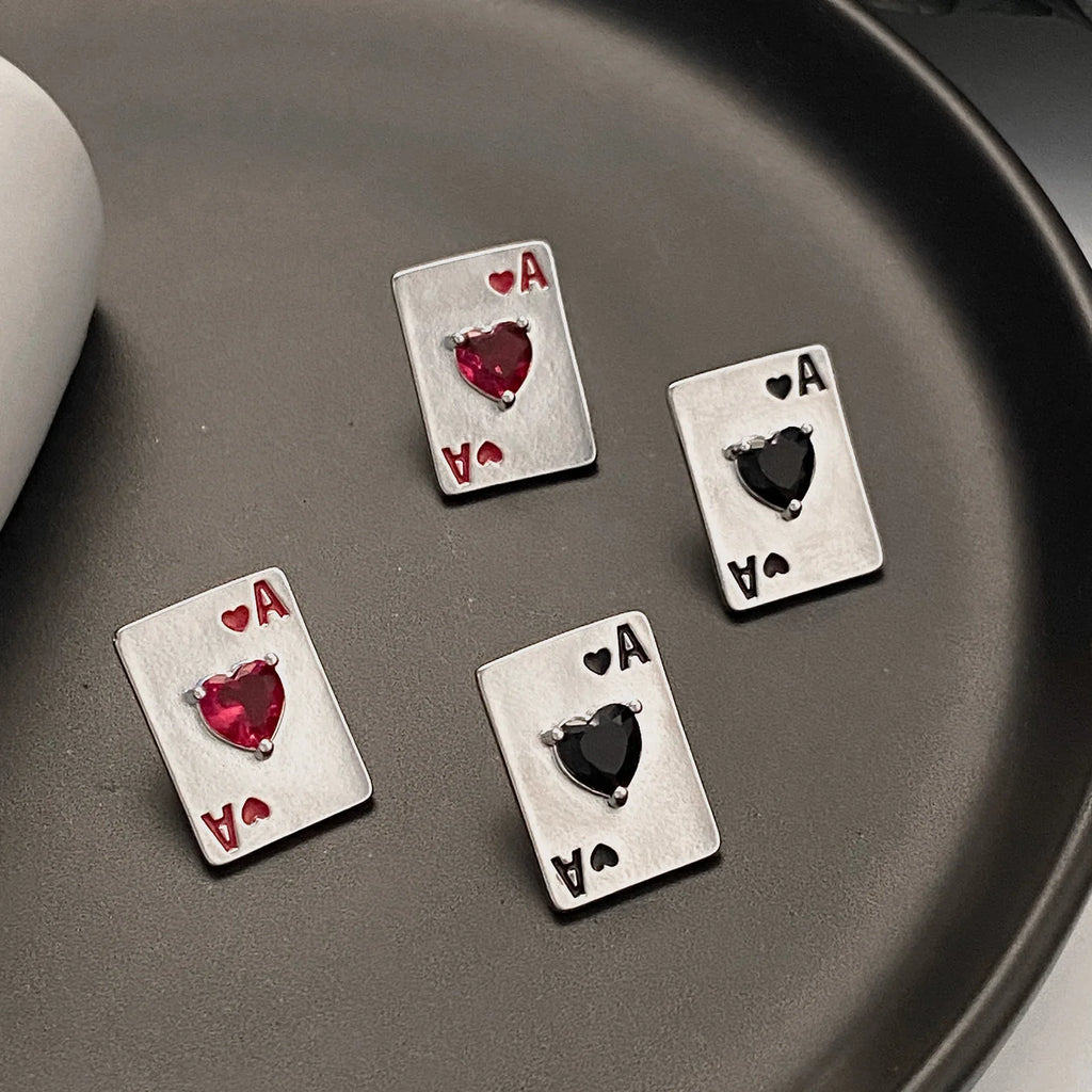 Creative Love Zircon Poker Stud Earrings For Woman Trendy Enamel Geometry Earrings Charm Office Party Accessories Jewelry Gifts