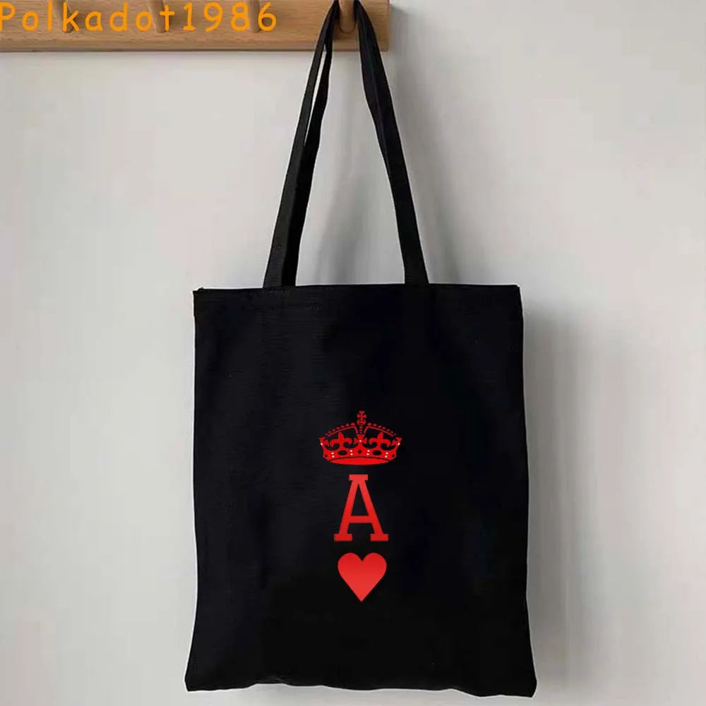 Funny Poker Cartes à Jouer Cute King Queen Jack of Cœur Crowned Toile Tote Sac Pouch Shopper Shoulder Shopping Cotton Sac à Mains