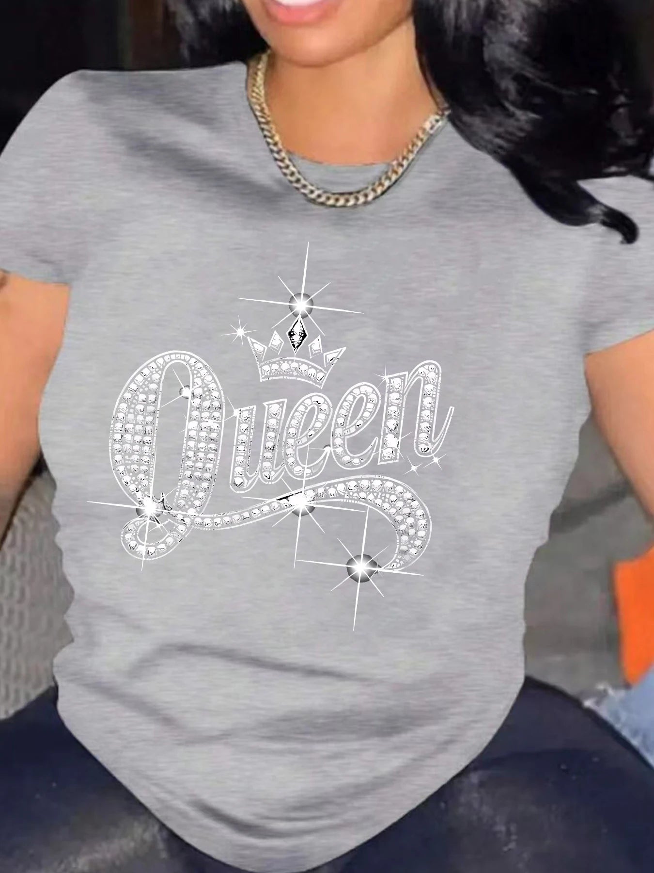 Women's Casual Short-Sleeve Rhinestone Queen Print T-Shirt Graphic T Shirts Aesthetic Clothes Summer Streetwear Fashion Y2K Top