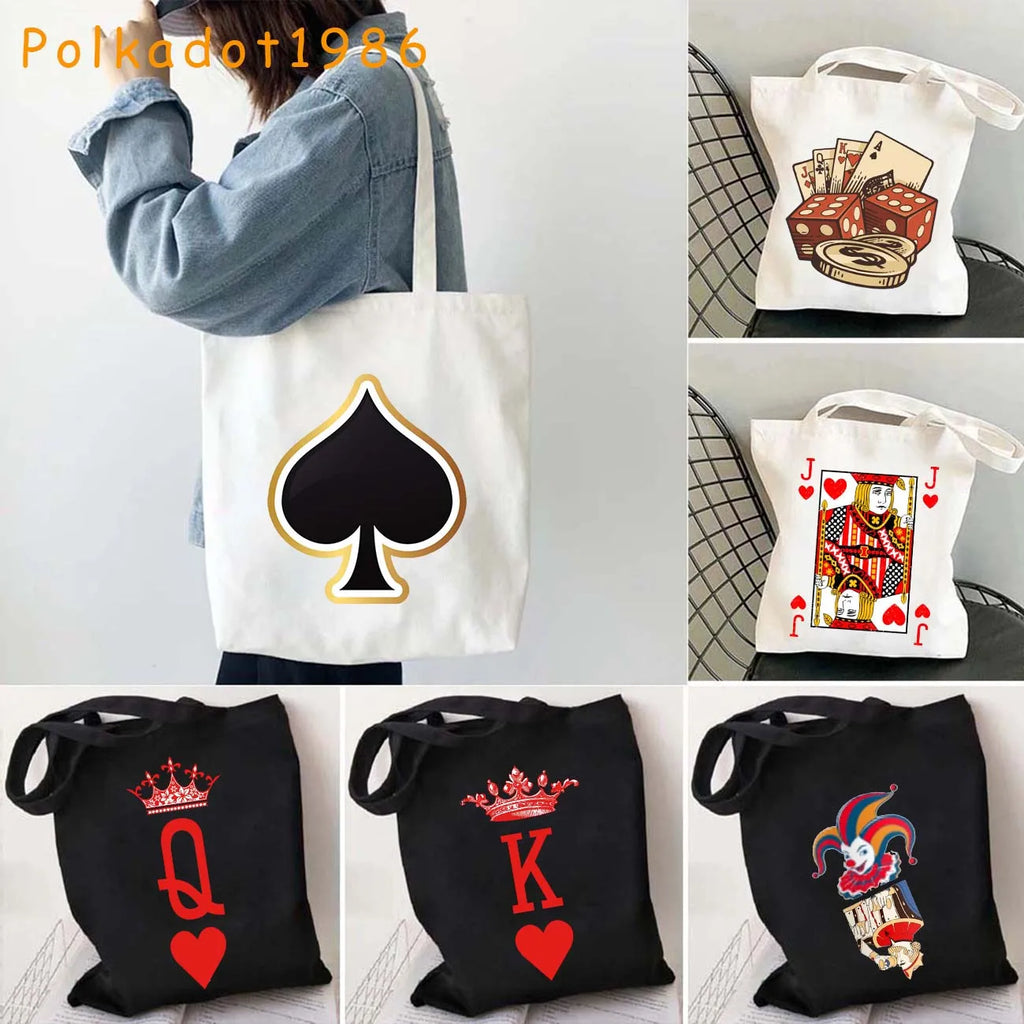 Funny Poker Cartes à Jouer Cute King Queen Jack of Cœur Crowned Toile Tote Sac Pouch Shopper Shoulder Shopping Cotton Sac à Mains